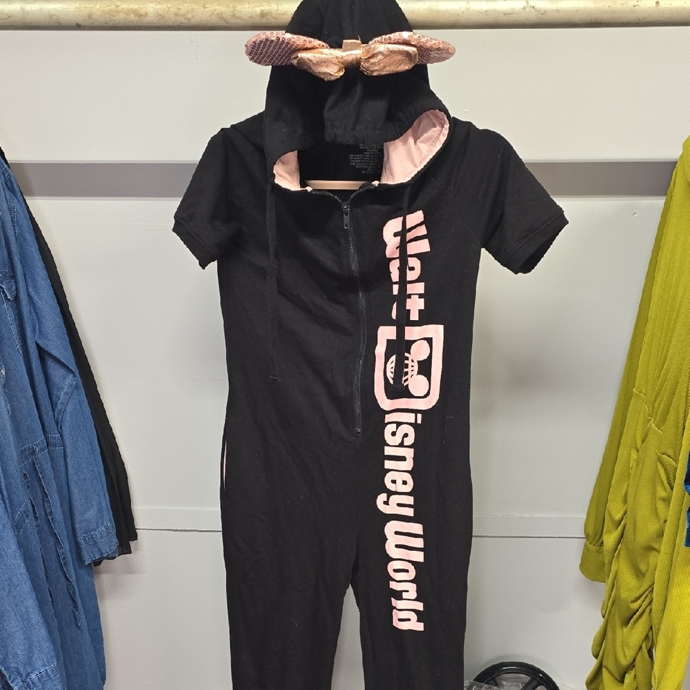 Disney Black Hooded Jumpsuit with Pink Logo And Attached Minnie Ears